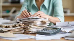 Finance employees process paper invoices manually with stacks of documents and a calculator.