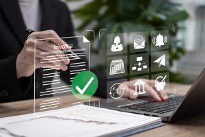 Invoice Management and Automated Payment Process Concept, Businesswoman Managing E-Invoice System, Digital Billing, Online Invoicing, Payment Tracking, Financial Workflow and Accounting Automation