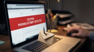 Close-up of a phishing email warning displayed on a laptop screen with a fishhook and envelope symbolizing an attempted cyberattack.