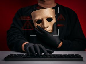 Person holding a digital mask while using a computer, illustrating AI-powered cyber threats, identity deception, and deepfake attacks.