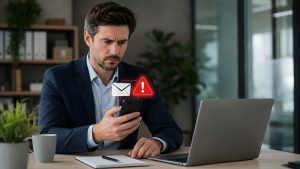 Business professional reviewing a suspicious email alert on a smartphone while working at a laptop, illustrating AI-powered phishing threats.