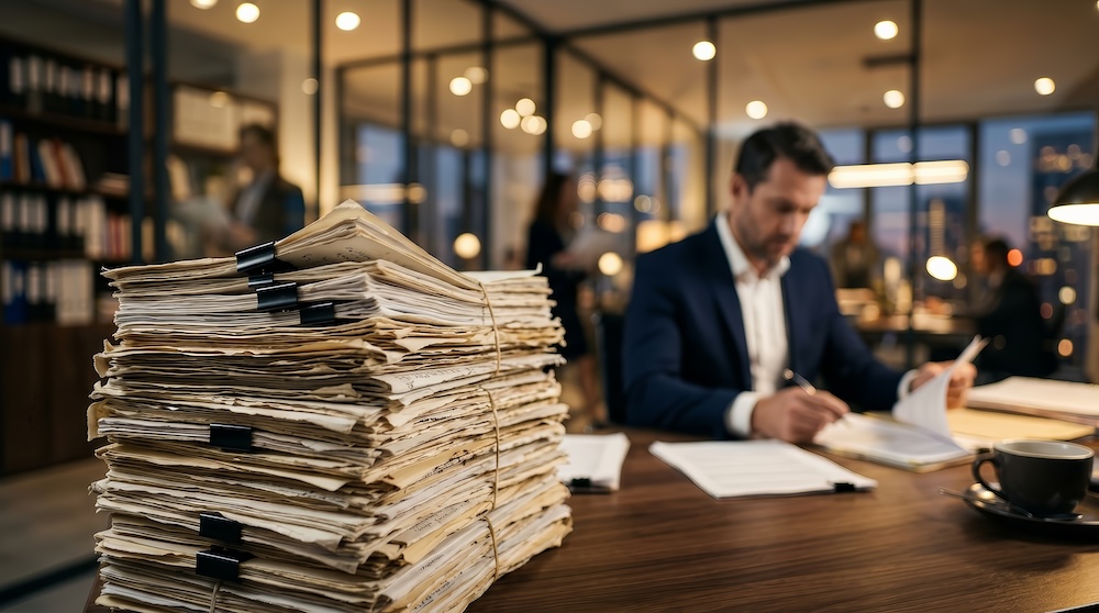 Stack of paper files beside an attorney illustrating the need for document management software to reduce manual document handling.