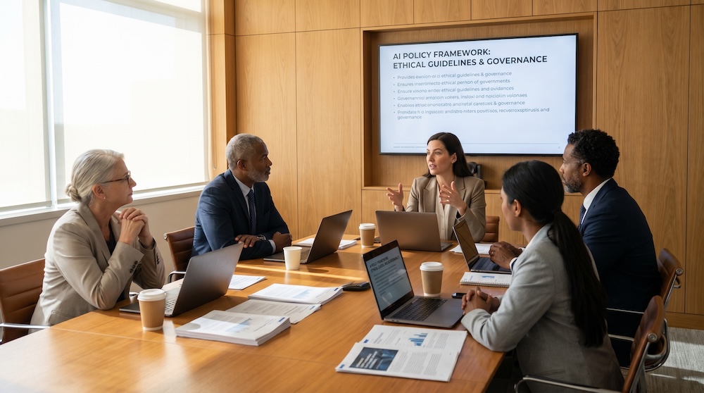 Business leaders discussing AI policies, ethical guidelines, and governance