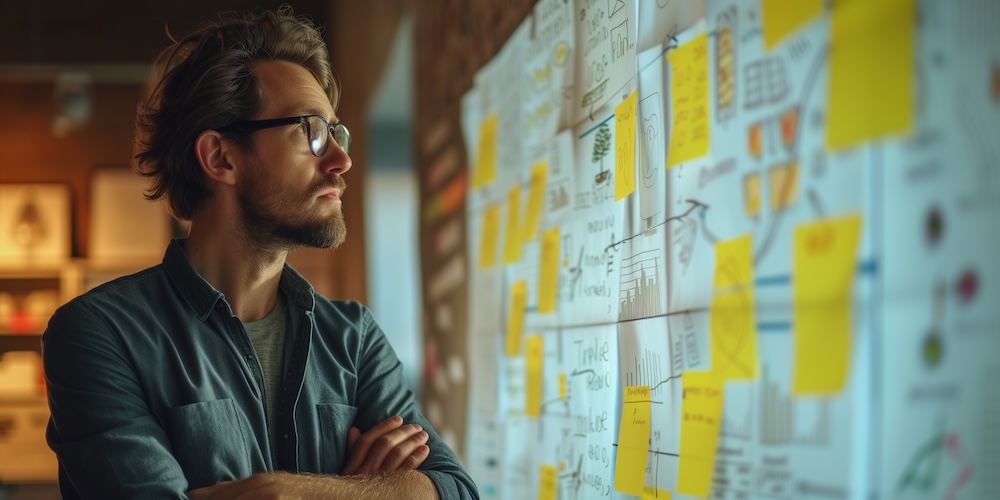 Business professional reviewing project ideas and priorities on a planning wall